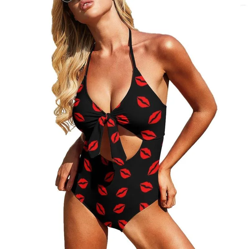 Sexy Red One Piece Swimsuit With Kissy Lips And Push Up Bras N