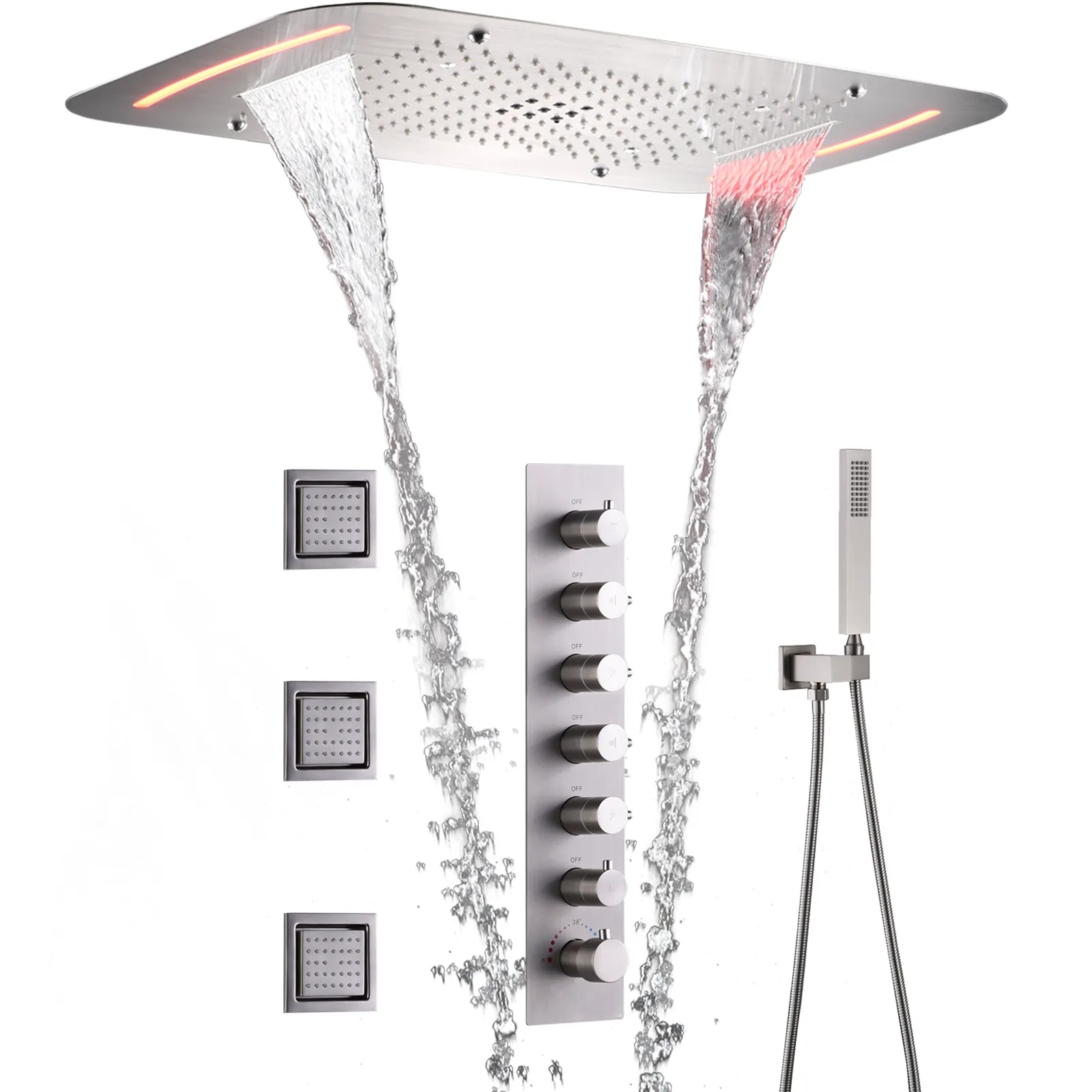 Plafond de salle de bains dissimulé 710x430 MM, cascade, brume de pluie, colonne d'eau, ensemble de douche LED, système de douche thermostatique