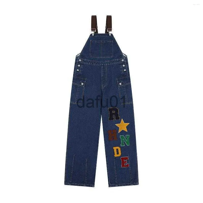 Men's Jeans Men's Jeans Japanese Streetwear Vintage Flocking Embroidered Denim Overalls Straps Cargo Pants Mens Blue Loose Casual Suspenders x0914
