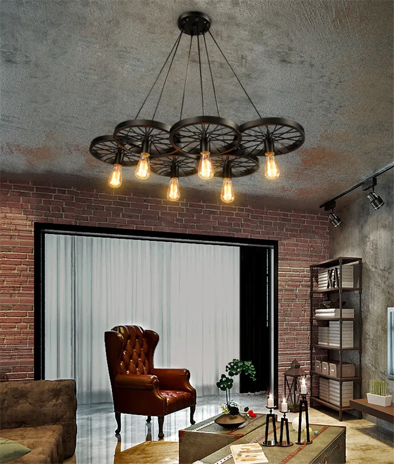 Vintage Industrial Pendant Lamp Retro Loft Iron Wheel Hanging Lights Chandelier Kitchen Dining Living Room Restaurant Bar Cafe