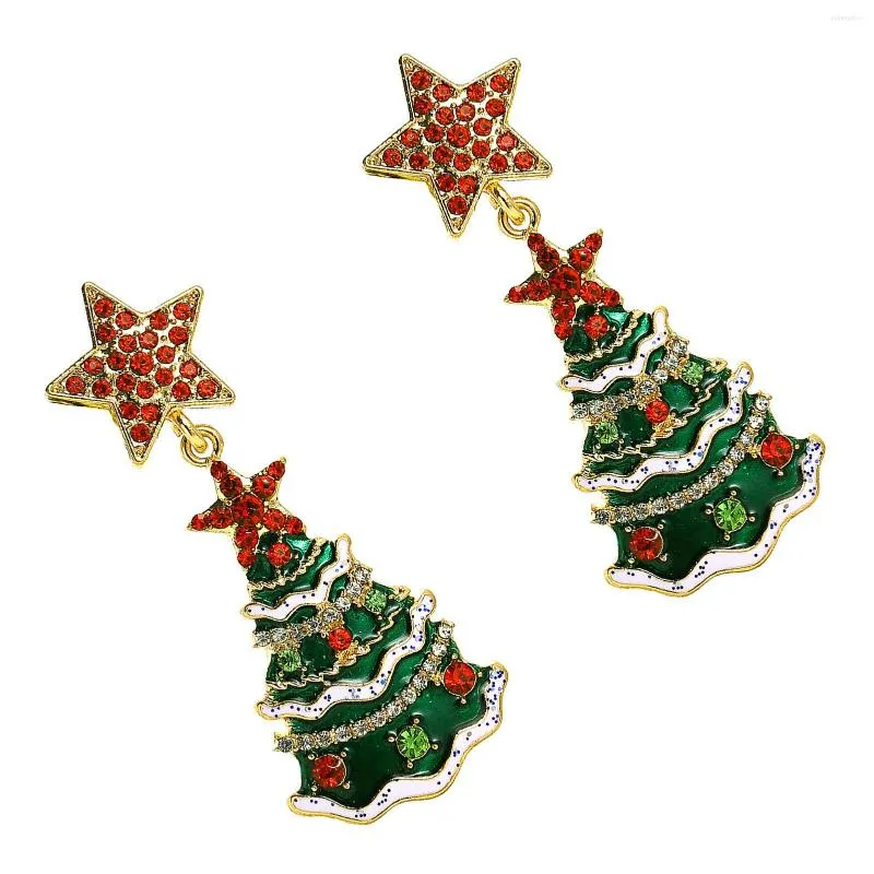 Brincos de pino estrela de árvore de natal com diamante de liga brilhante que preserva a cor para presente de festa de feriado