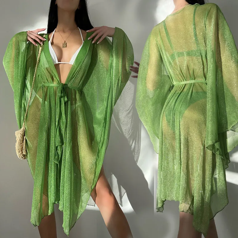 Kadın Mayo Kadınlar Yaz Günlük Bikini Mayo Yeşil Mesh Sheer Shiny Beach Tunik Elbise Uzun Kollu V Boyun Banda Plajı 230914