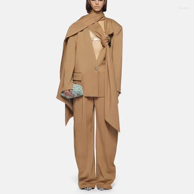 Женский повседневный костюм из двух предметов, брюки с широкими штанинами, осень 2023, шарф с воротником, драпированная свободная куртка, пальто, модные брюки Y2k
