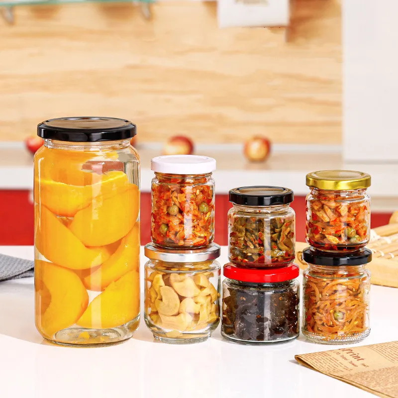 Food Storage Container Glass Jam Jars with Lid Storage Pickles Containers for Kitchen Food with Metal Lid