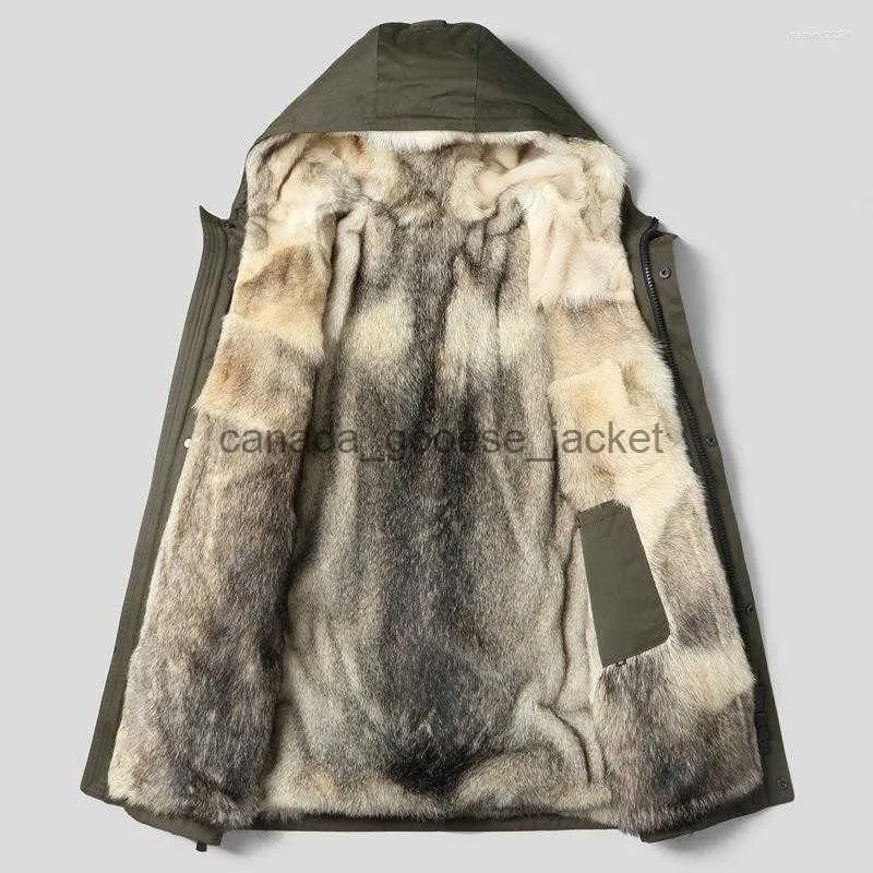 Men's Fur Faux Fur Men's Jackets Wolf Fur Coat Winter Parka For Men Hooded Jacket Outdoor Outerwear Overcoat Thickening Warm Tops Army Green Snow ClothesL230914
