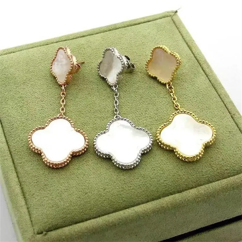 Designer 4/Four Leaf Clover Charm Stud Back Back Mother of Pearl Gold Plated Agate Earrings for Women Girls Jewel Cyg239147-6