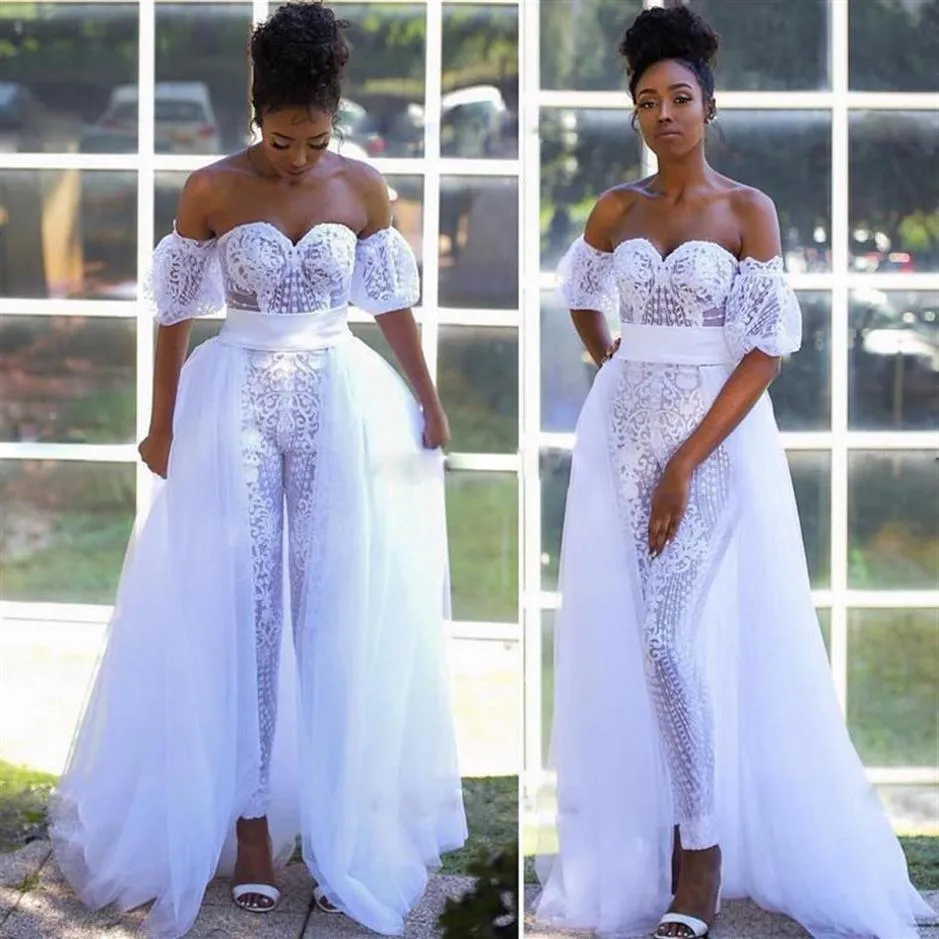 Macacão branco vestidos de casamento vestidos de noiva com trem destacável vestidos de novia querida calça terno manga curta outfit286a