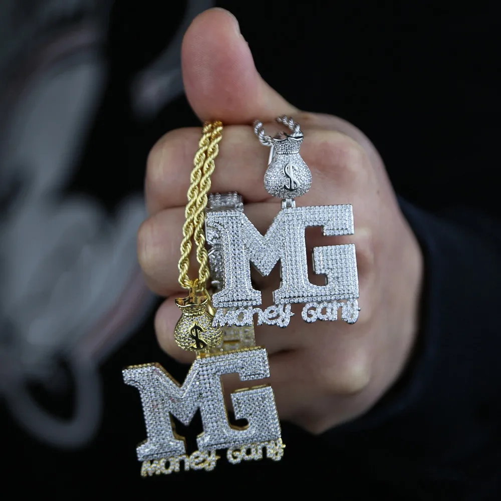 Hip Hop glacé sac d'argent pendentif plein de diamants or Rose or lettres Mg pendentif collier