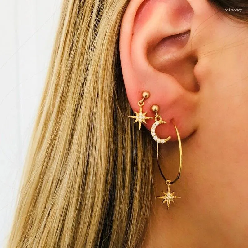 Boucles d'oreilles pendantes pour femmes, bijoux à la mode coréenne asymétriques, étoiles et lunes, 2 paires de clous longs, 2023