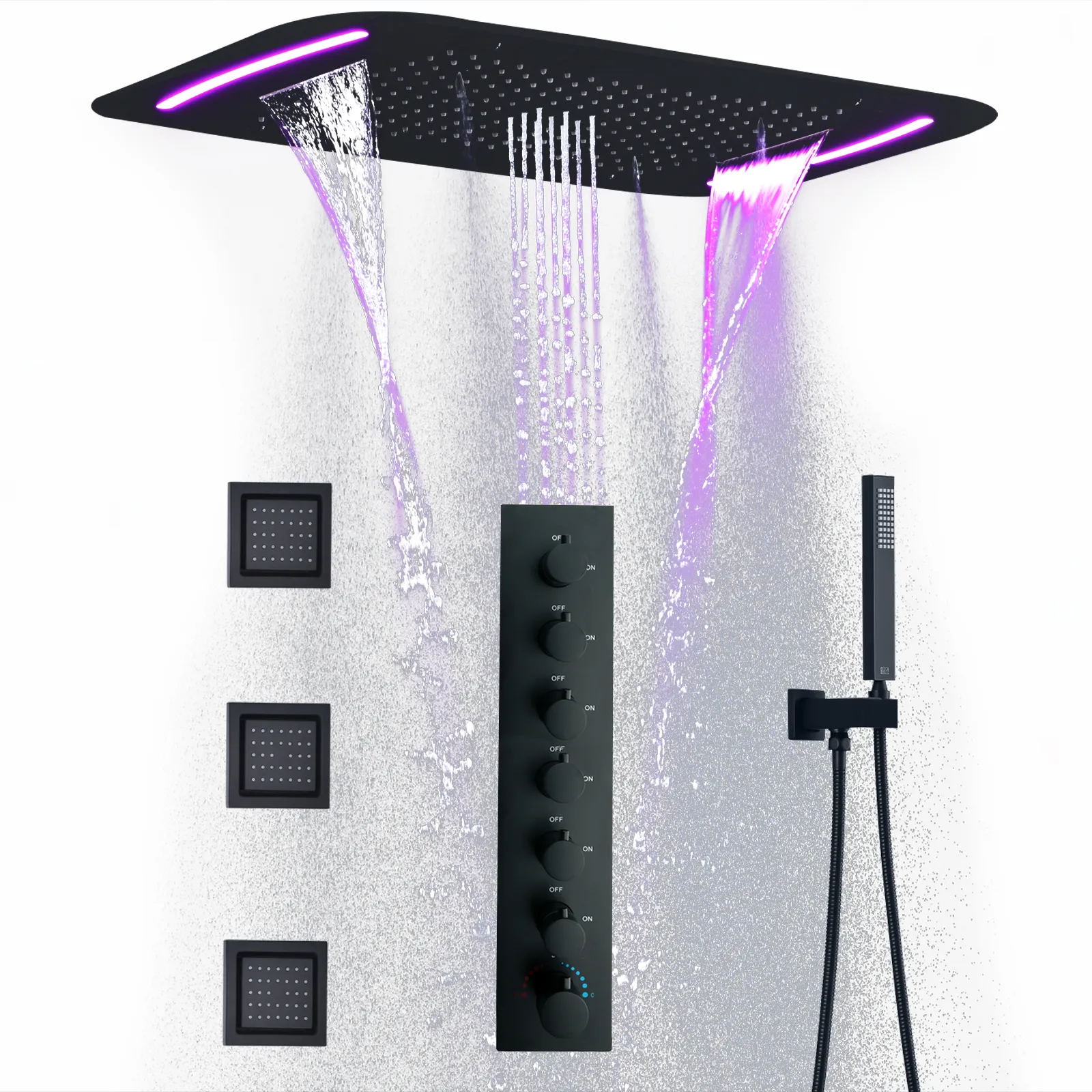 710*430 MM plafond dissimulé monté cascade pluie brouillard colonne d'eau LED ensemble de douche thermostatique mat noir douche