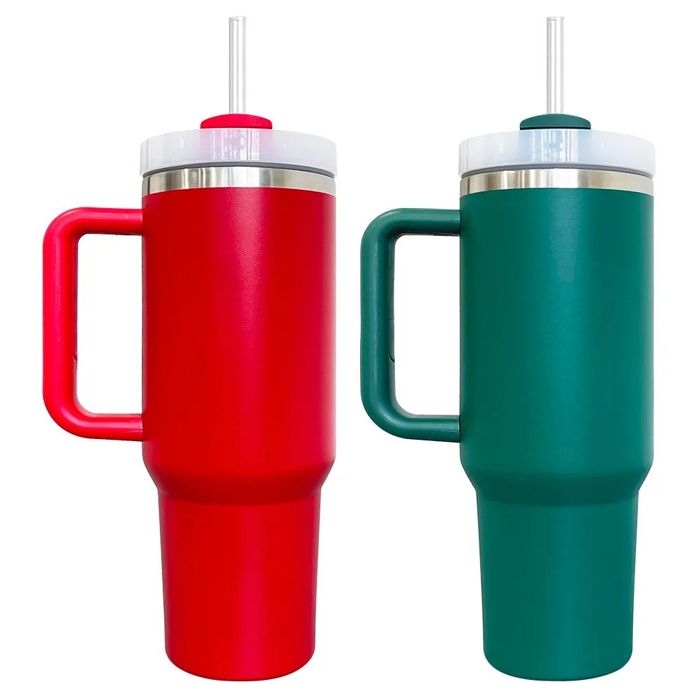 2023 dubbelwandig 304 roestvrij staal Gepoedercoat H2.0 Kerst Kerstmis rood groen 40oz quencher tumbler voor lasergraveren met deksel en rietje 20 pack mixkleuren