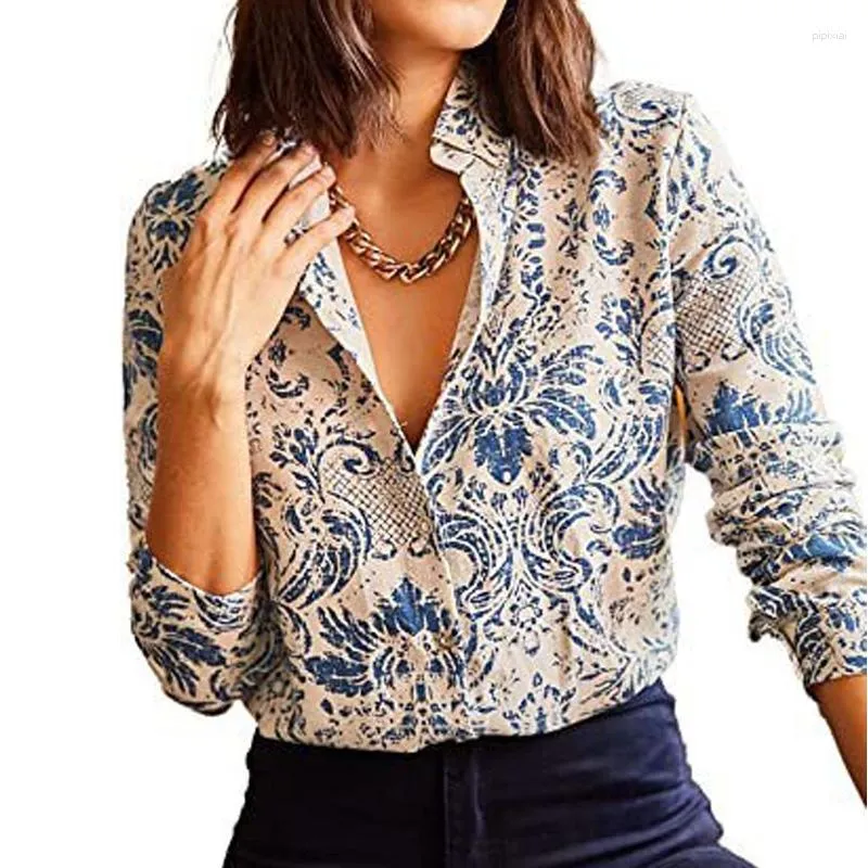 Blusas femininas moda impressão botão até camisa casual floral leopardo blusa manga longa topos solto roupas femininas 28419