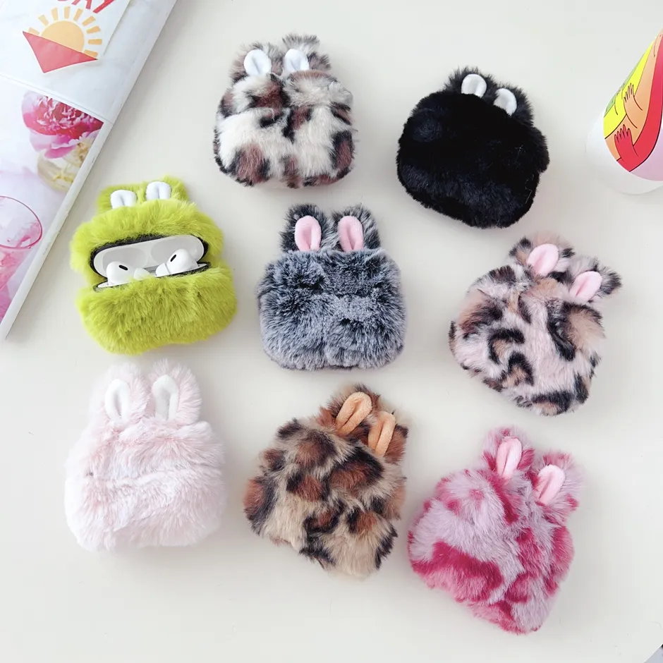 Headset Accessories Cute Fur Plush Rabbit Ears Case For apple Airpods pro2 2022 airpods pro 1 2 3 pink black color