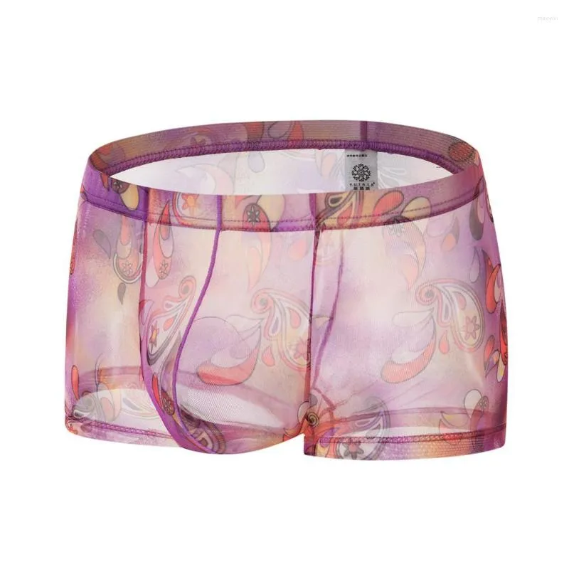 Cuecas sexy malha pura boxers homens impressão transparente ver através de cuecas roupa interior sem costura elástica íntima tanga