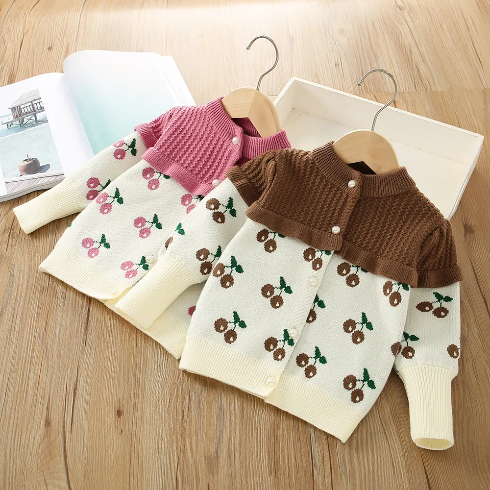 Autunno Inverno Bambino Vestiti per bambini Maglioni per ragazze Maglione lavorato a maglia Cardigan Manica lunga Cute Cherry Ragazze Cappotto Giacca per bambini Capispalla per bambini