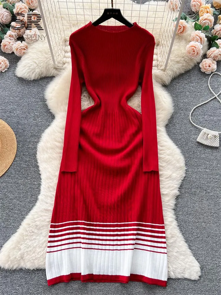 الفساتين غير الرسمية Singreiny Slim Knit Dress Women O Neck Rectro Retro Autumn Striped Long Sleeve Seledant Winter Sweater