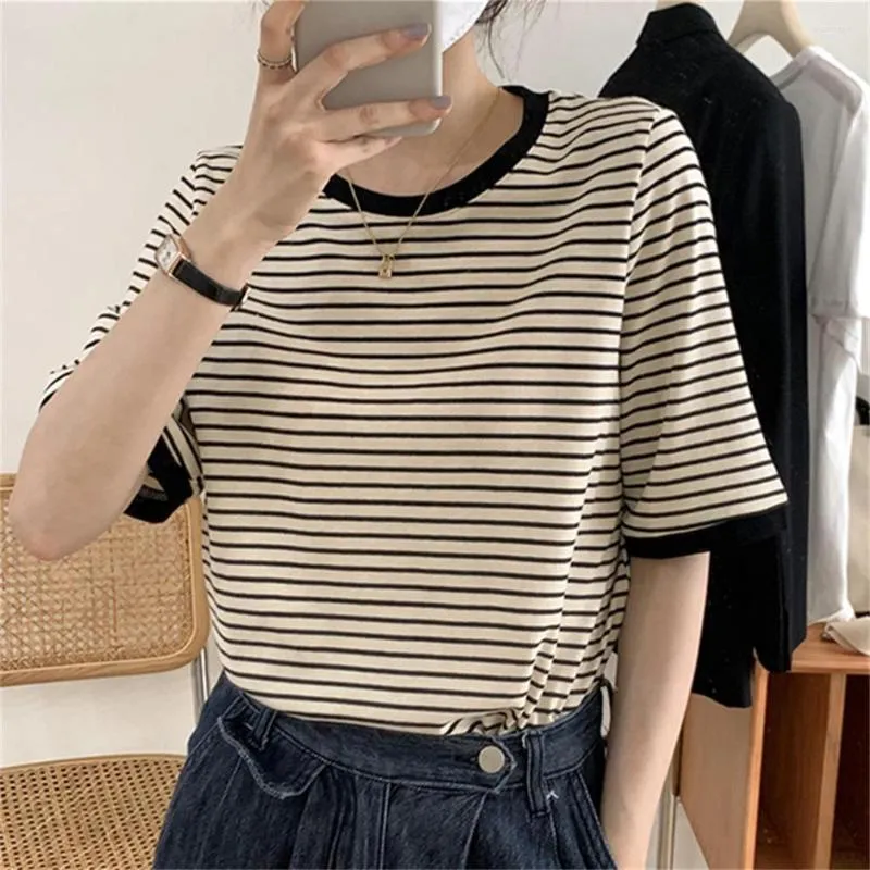 T-shirt da donna PLAMTEE S-XL Stripes T-shirt Donna 2023 Casual Chic Mezza manica Allentata Abbigliamento da lavoro Office Lady Slim All Match Tees Tops