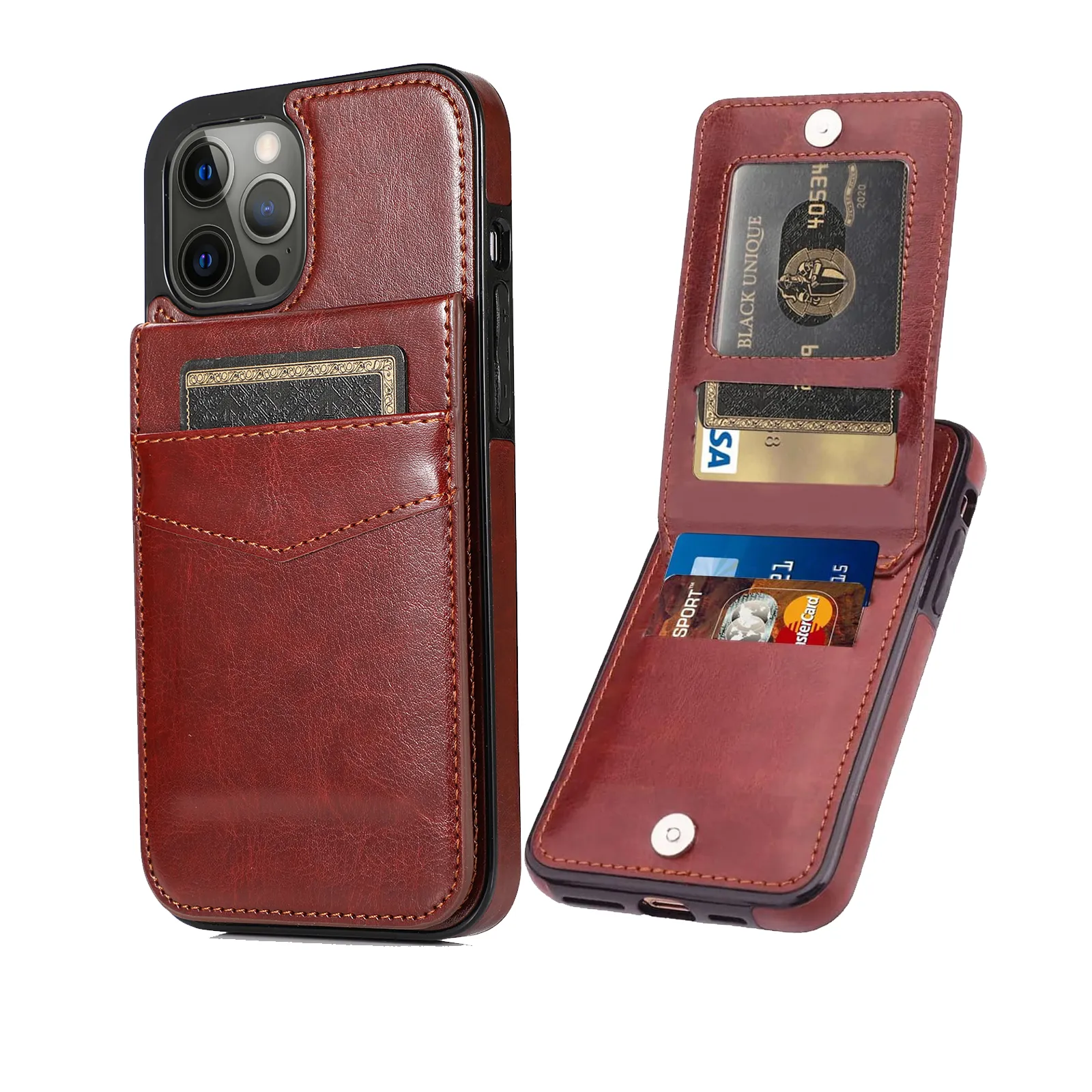 Étui portefeuille à rabat en cuir avec porte-carte magnétique, housse de protection robuste avec béquille pour iPhone 15 Pro Max 14 13 12 11 XR XS 8 7