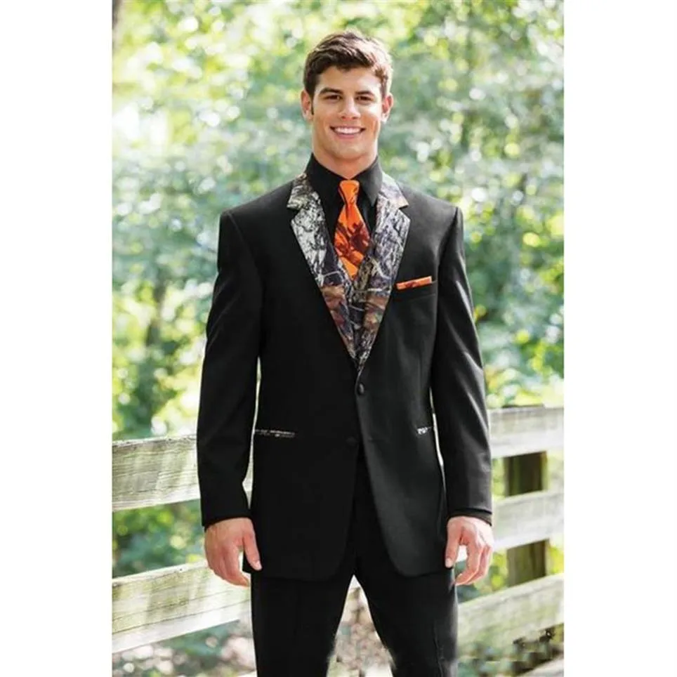 Black Groom Suits Two Buttons Notched Lapel Groomsmen Suits Men's Wedding Country Camo Tuxedos Jacket Pant Vest 226s