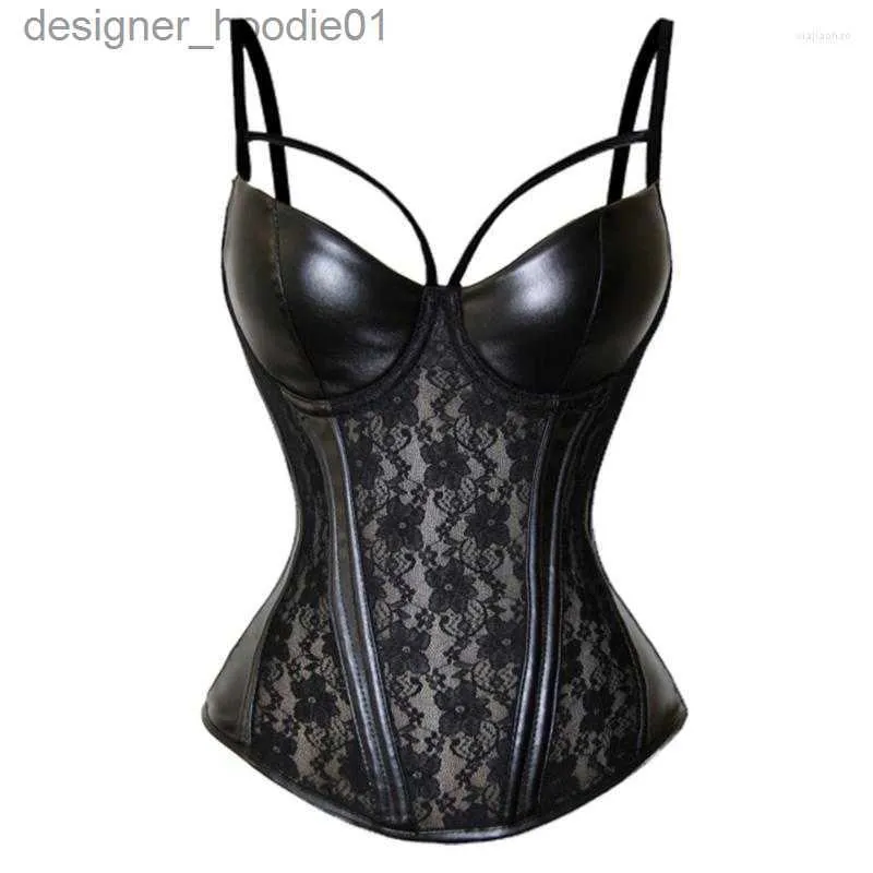 Kvinnors Shapers Bustiers korsetter Kvinnors korsett Lady Strap Push Up Gothic Corsetet Sexiga svarta spetsapplikationer PU LEATHER Bustier Top Erotic underkläder plus L230914