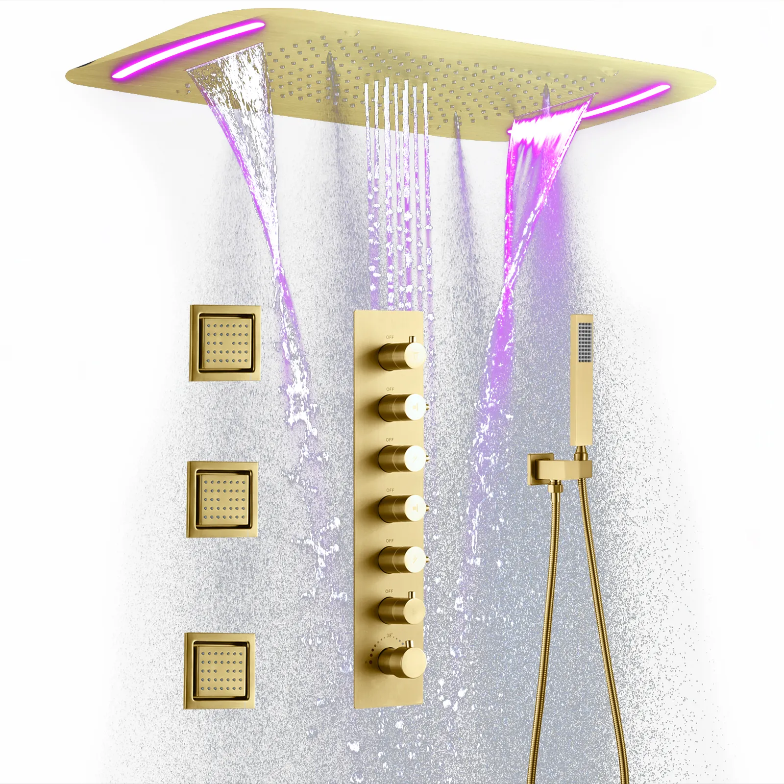 Système de douche thermostatique à LED, salle de bains de luxe, cascade de pluie, plafond en or brossé, ensemble de douche thermostatique dissimulé, 71x43cm