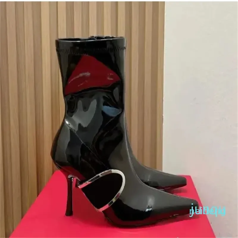 Bottes de créateur avec étiquette pour femmes, talon de cheville noir, fermeture éclair latérale, demi-luxe, bouts pointus, talons hauts, mode