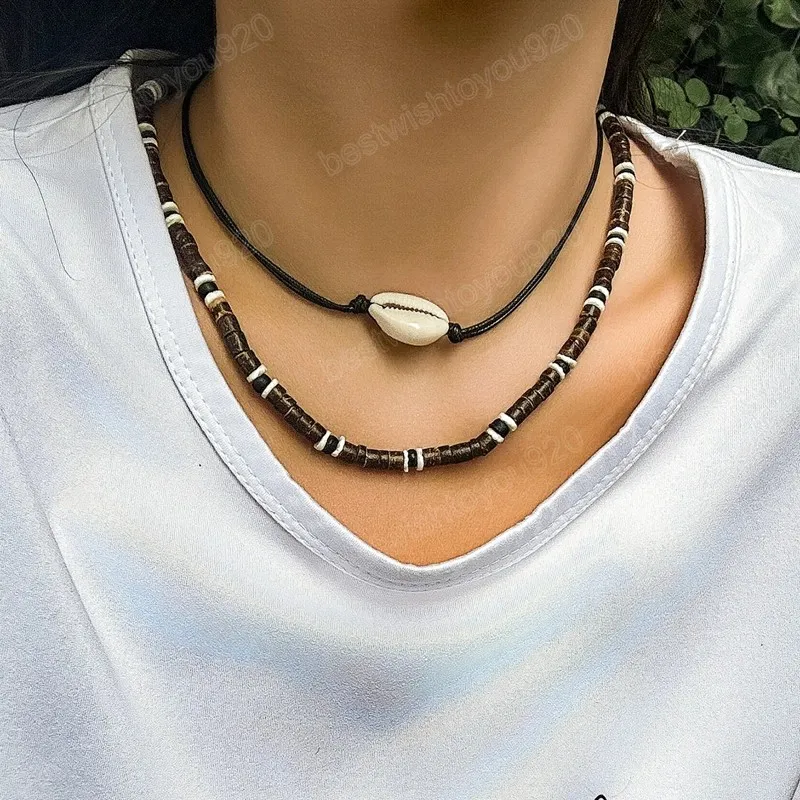 Träpärlor och repkedja med Shell Short Choker -halsband för kvinnor Trendiga skiktade pärlkedja på nacktillbehörens mode