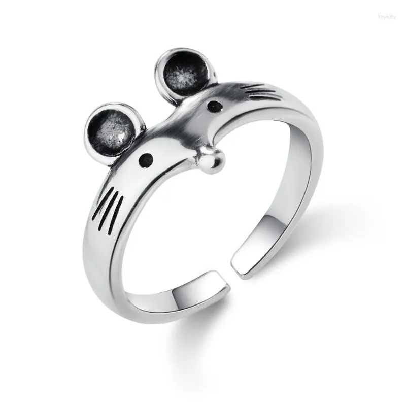 Anillos de racimo MloveAcc Real 925 Sterling Silver Mouse Rat Animal Anillo para mujeres Compromiso de boda Joyería de moda ajustable