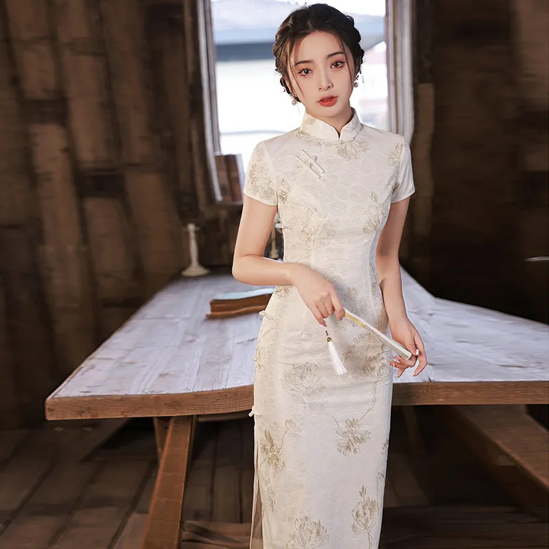 Basic Casual Dress 2024 White Lace Cheongsam for Women Short