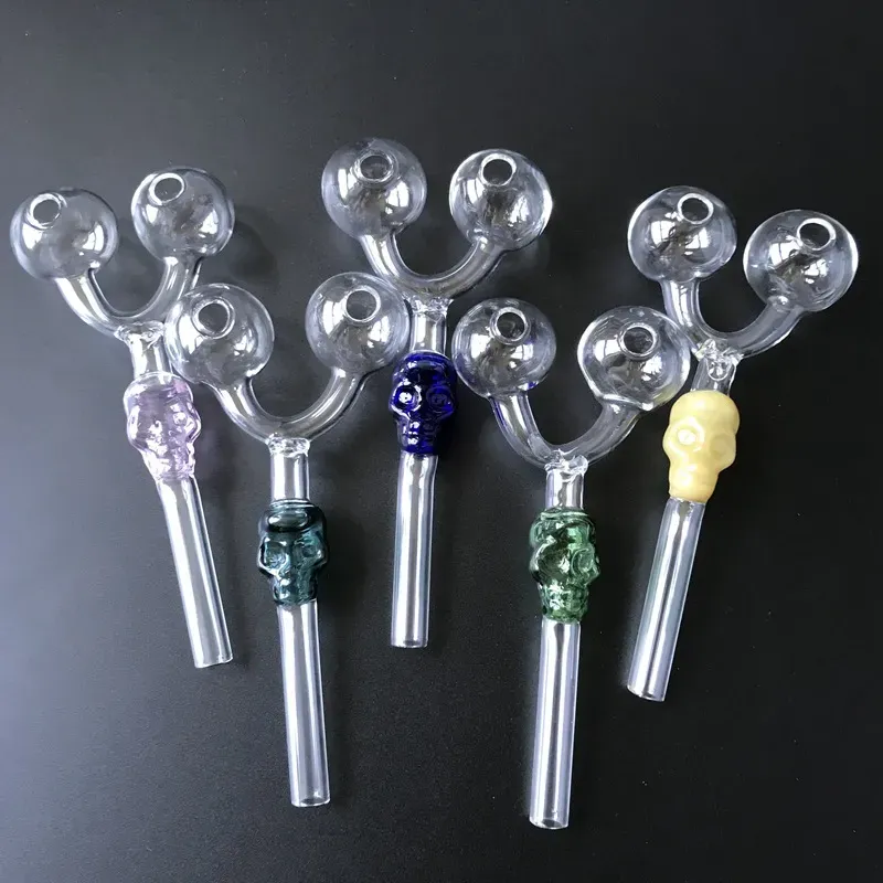 Factory Wholesales Double Burner Glass Pipes Skull Pyrex Glass Oil Burner Pipe Colored Smoking Pipes Dab Tool Glass Smoking Accessories SW29