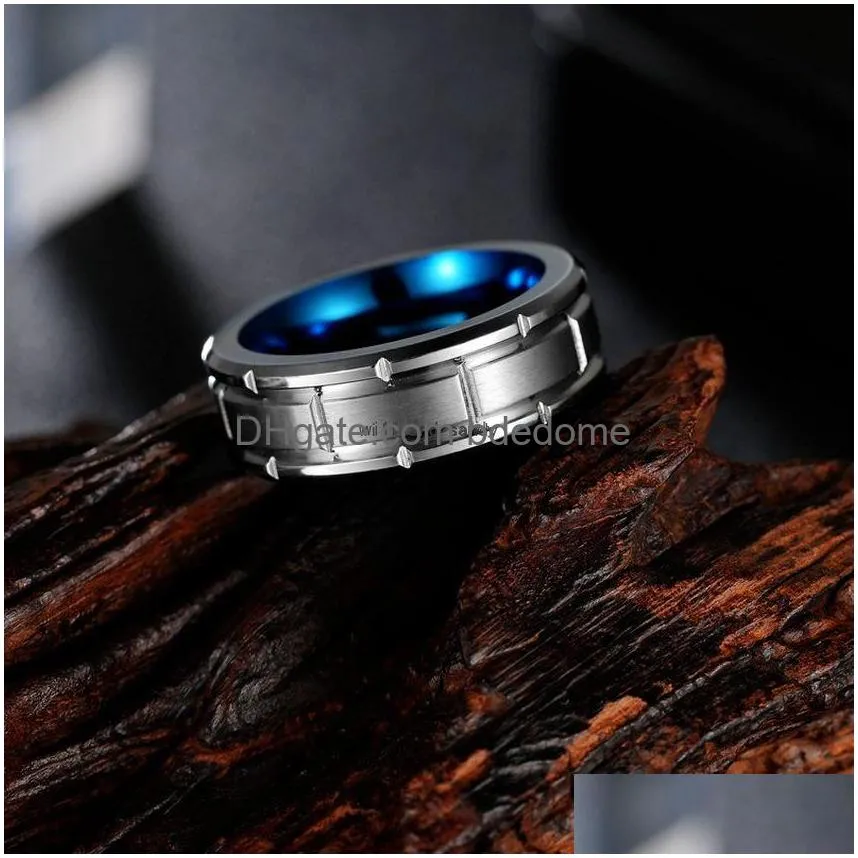 Band Rings Blue Inner Square Carve Tungsten Steel Ring Finger Men Hip Hop Jewelry Punk Carbide Will And Sandy Drop Delivery Dh41P