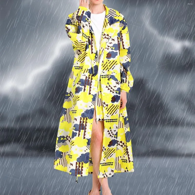 Women's Trench Coats Autumn Winter Outdoor Storm Proof Rain Cape Coat Fashion Print Windproof Waterproof Long Hooded Raincoat With Pocket