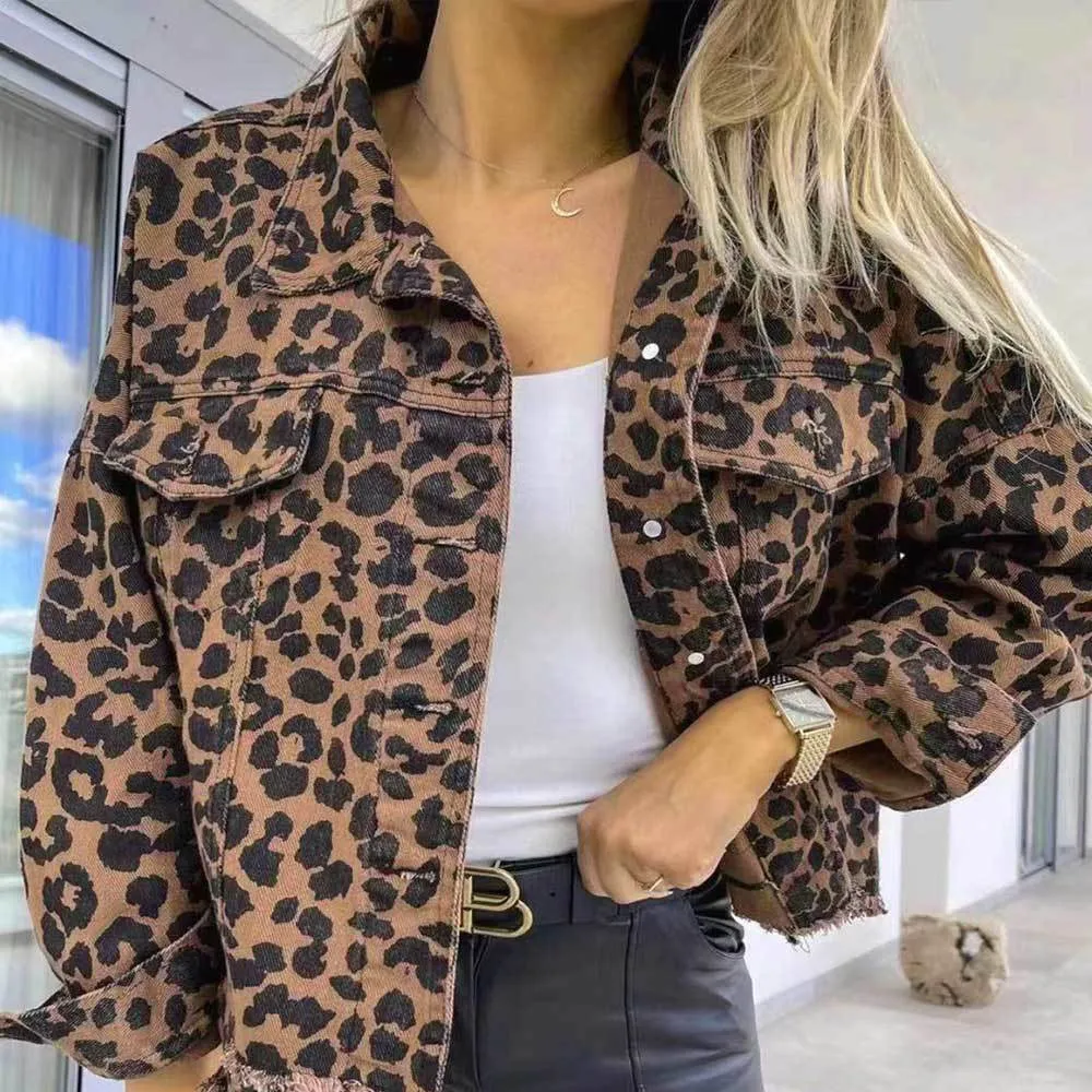 Jaquetas femininas denim casaco outono vintage peludo leopardo impressão curto de manga comprida único breasted denim jaqueta para mulher 230912