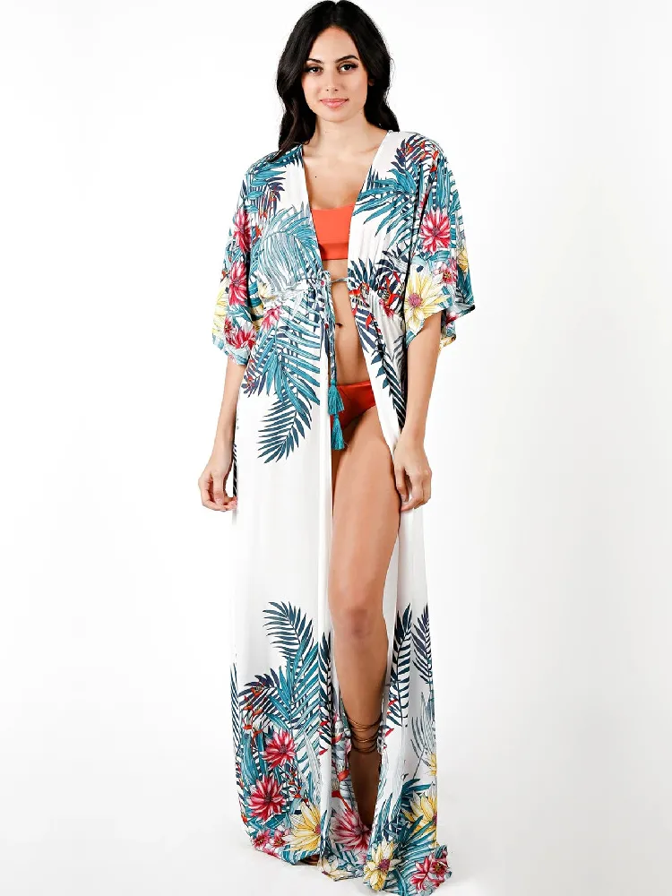 Druk dla kobiet w kwiaty w kwiecistej kwiecistej bikini bikini okrywa luźne kimono 2023 koronkowe tuniki Kaftan długie sarongowe osłonę kąpielową nadmorską szatę Q1053 230914