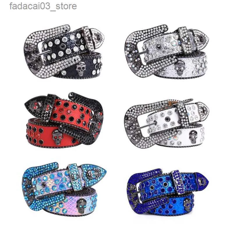 Belts Head Skull Buckle Belts Women Pu-leather Strap Rhinestone Buckle Belts Western Cowboy Y2k Girls Fashion Belt for Jeans Dropship Q230914