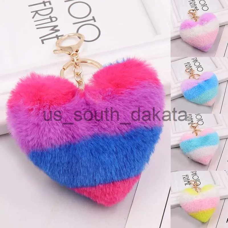 Key Rings 9CM Cute Fluffy Heart Keychains Women's Pom Poms Faux Rex Rabbit Fur Key Chains Girl Bag Hang Car Key Ring Jewelry Accessories x0914