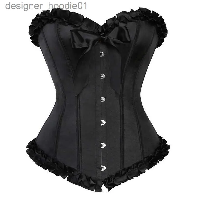 Kvinnors shapers svart frill ruffle trim korsett kvinnor burlesque mode överbust korsett med satin bågar sexig snörning plastbenad kropp shaper l230914