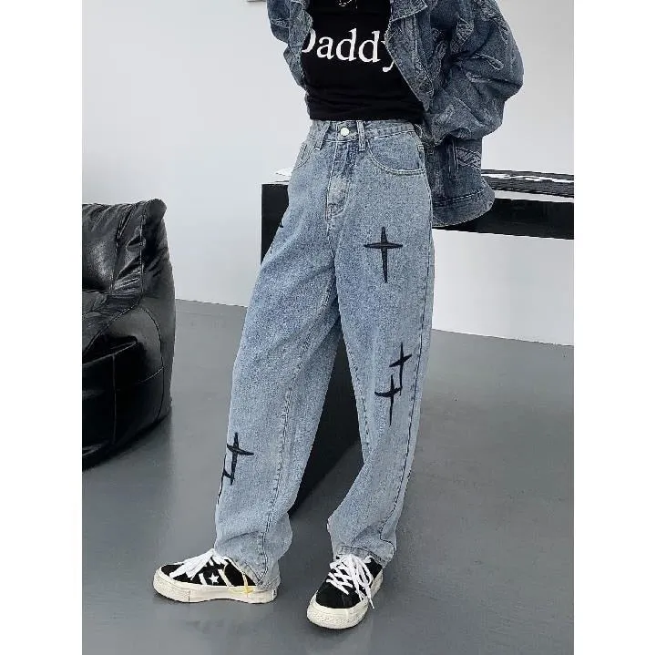 Roupas de outono jeans casual personalizado jeans diy feminino streetwear cruz bordado perna larga jeans outfit casual jeans de regresso a casa