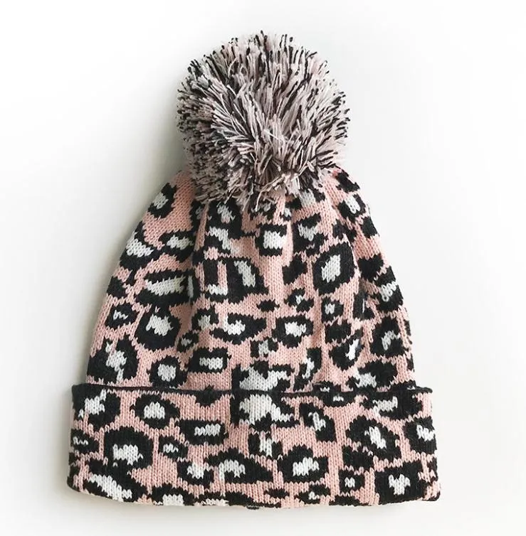 Leopar örme kapak moda kız kış sıcak büyük pompon şapka şapka renk beanie kayak kapağı db339