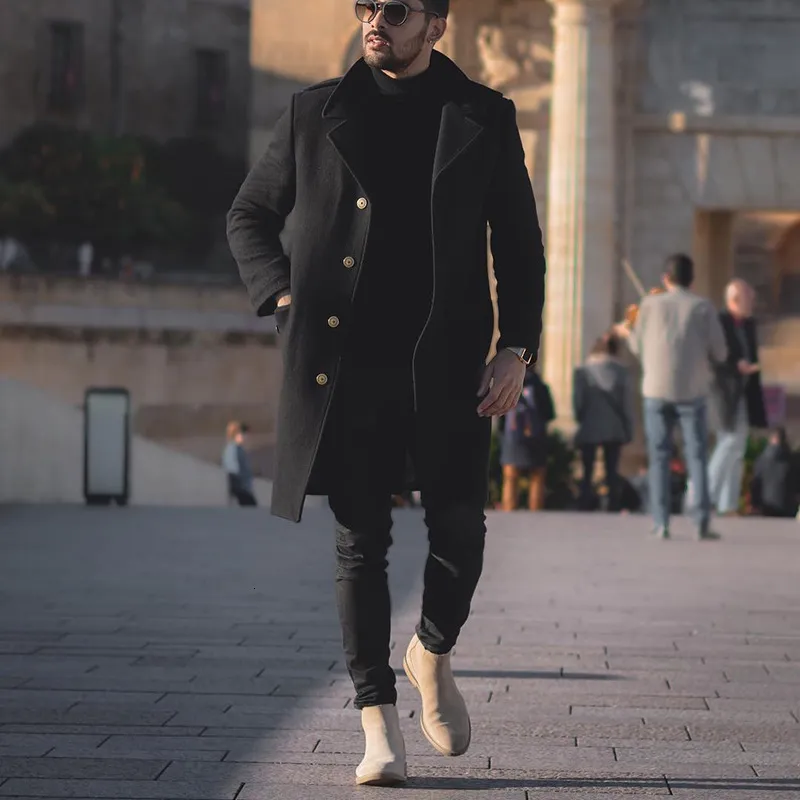 Мужские тренчи, модное осенне-зимнее однобортное пальто с лацканами средней длины, свободное повседневное ветрозащитное мужское черное пальто 230912