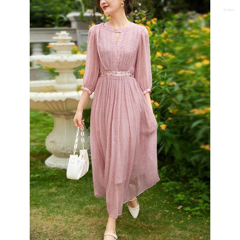 Casual Dresses Luxury Heavyweight Pink Fairy Dress With Silk Medium Sleeves Spring/Summer Design Long High Waist Slim Appearance