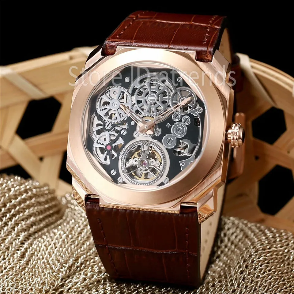 Klassisk toppmode Automatisk mekanisk självlindande klocka Män guld silver svart transparent ihålig urtavla 42mm tourbillon armbandsur läderband klocka 6161