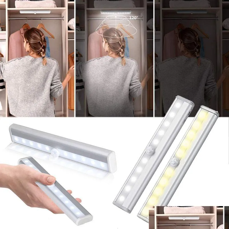 Luces nocturnas Sensor de movimiento Luz 6/10 LED Lámpara de armario inalámbrica para dormitorio Cocina Gabinete Escalera Lámparas Pasillo Pasillo Balcón Dro Dhyqn