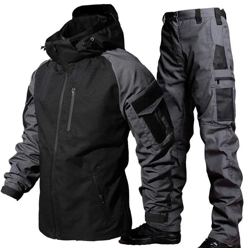 Taktische Herren-Trainingsanzüge, wasserdichte Jacken-Sets, Herren-Kampf-Trainingsanzug, Outdoor-Softshell-Arbeitskleidung, SWAT-Armee-Kapuzenjacken und Hosen, 2-teiliges Set 230914