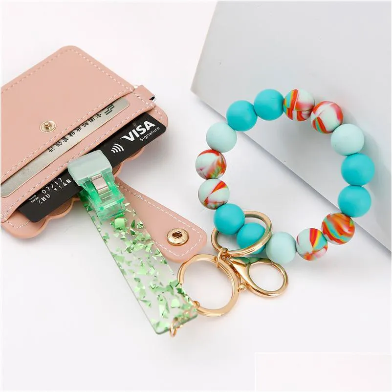 Sile porte-clés avec pinces à cartes en plastique perles Bracelet poignet porte-clés femmes hommes mode perlé porte-clés gland livraison directe
