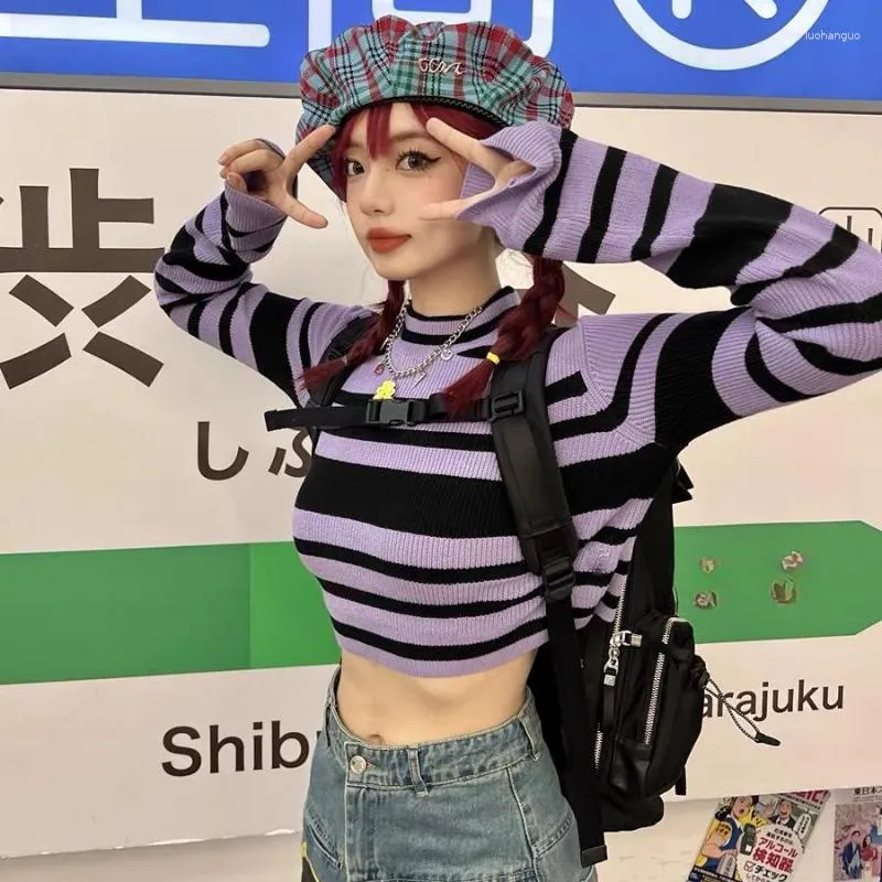 Women's Sweaters Y2k Kpop Purple Striped Crop Sweater Women Korean Streetwear Vintage Gyaru Slim Jumper Hippie Harajuku Aesthetic Jersey