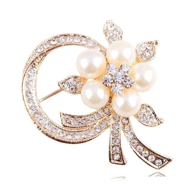Pines Broches Joyería de moda Vintage Oro Austria Cristales Imitación Perla Flor Broche Accesorios Drop Entrega Dhrip