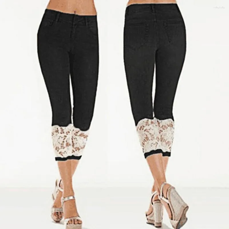 Kvinnors jeans sommar capri byxor spetsar stretchiga kvinnor kalv längd mager beskurna jegings denim sträcka 3/4 byxor