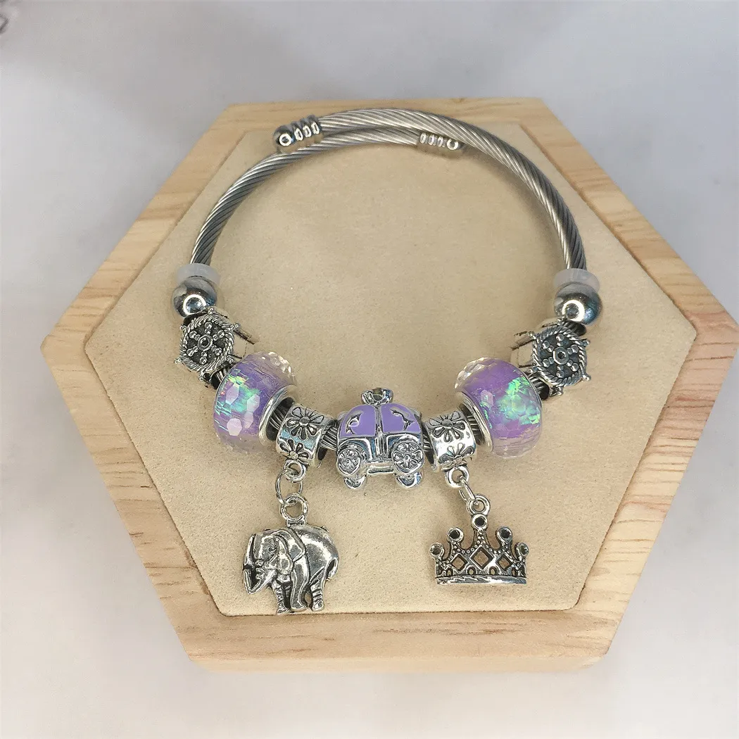 Pan Family Classic Style Hot Peaceful Elephant Crown Stainless Steel Adjustable DIY Handmade Beaded Bracelet