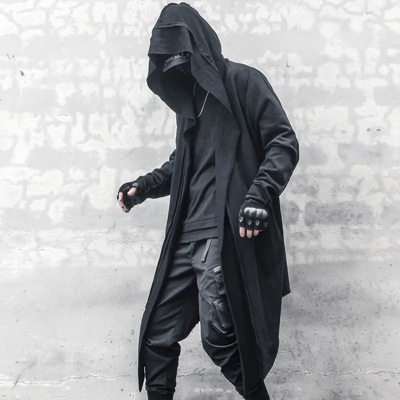 Mens Asymmetric Hooded Long Japanese Dark Style Trench Coat
